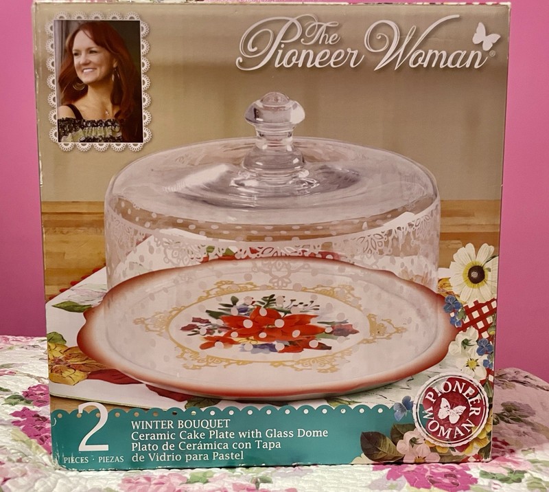 Pioneer Woman Winter Bouquet Ceramic Cake Plate w/Glass Dome-NEW IN BOX Retired gallery