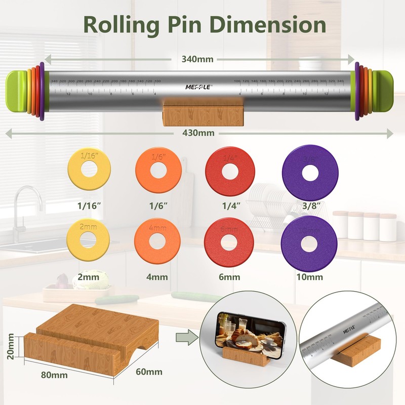 Stainless Steel Rolling Pin with Thickness Rings and Pastry Baking Mat, 13.6"... gallery