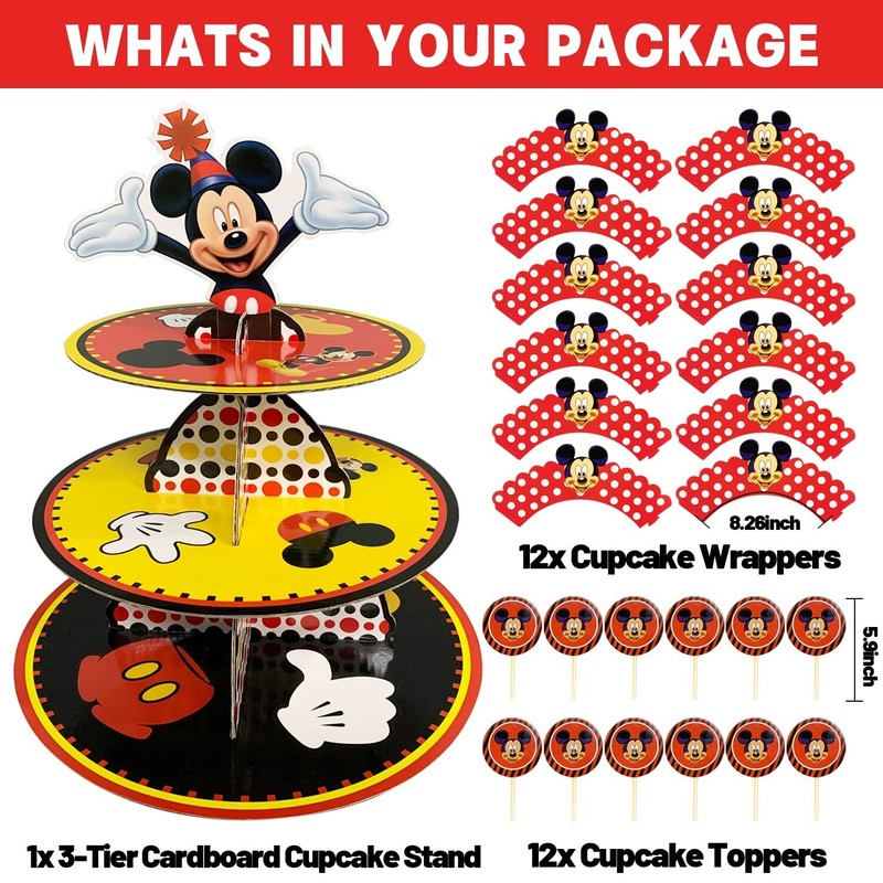 3-Tier Mickey Cupcake Stand& Toppers Wrappers Cartoon Mouse Birthday Party decor gallery
