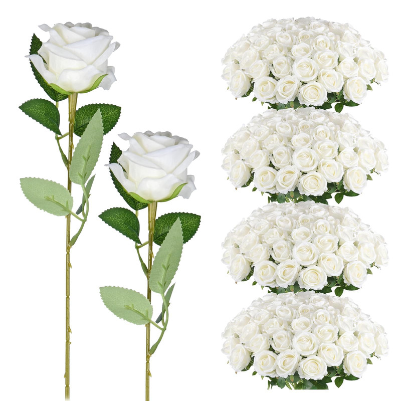 Umisu 200 Pack Artificial Silk Roses Flowers – Milky White Fake Flowers For