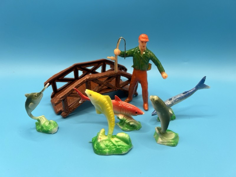 Vintage Fisherman Fish & Bridge CAKE TOPPER Hong Kong 7 Piece Set VG++