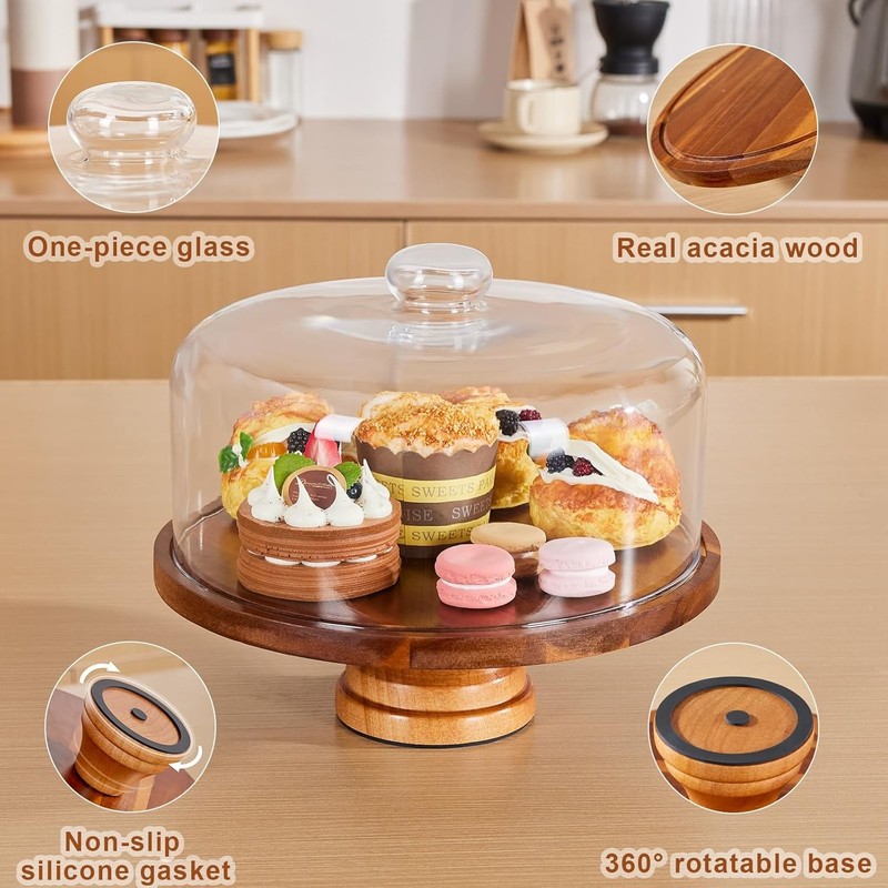 Glass Cake Stand W/ Lid,11in Wooden Rotating Cake Stand W/ Dome Cover Cake Plate gallery
