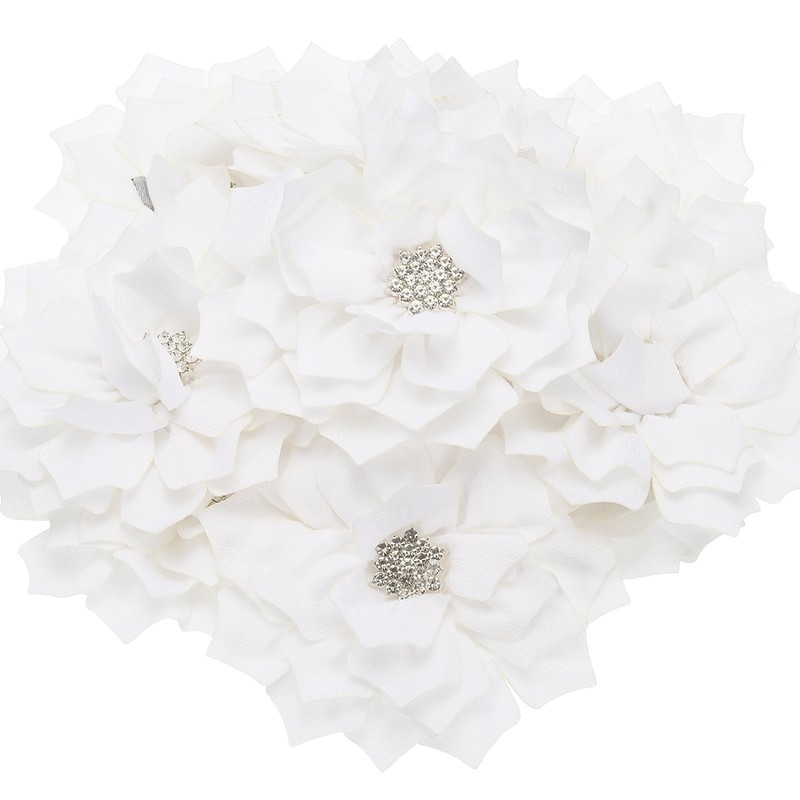 10Pcs 3.5″ Rhinestone Pearl Chiffon Flower Sewing Fabric Appliques White