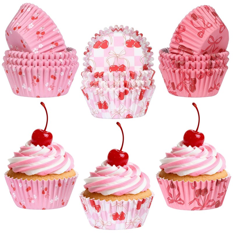 300 PCS Cherry Bow Cupcake Liner Sweet Muffin Paper Baking Cup Wrapper Decor