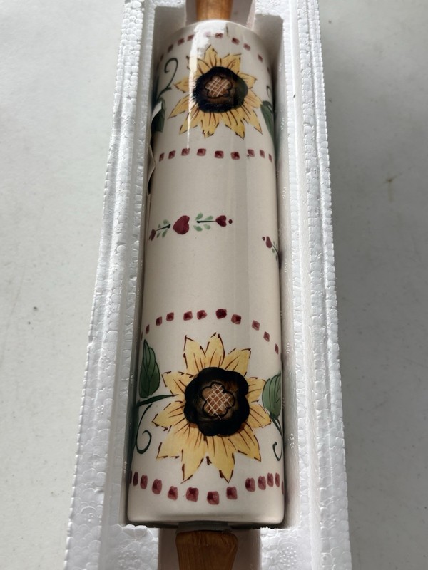 Ceramic Rolling Pin Sunflowers Green Leaves Wood Handles Baking Dough Country gallery