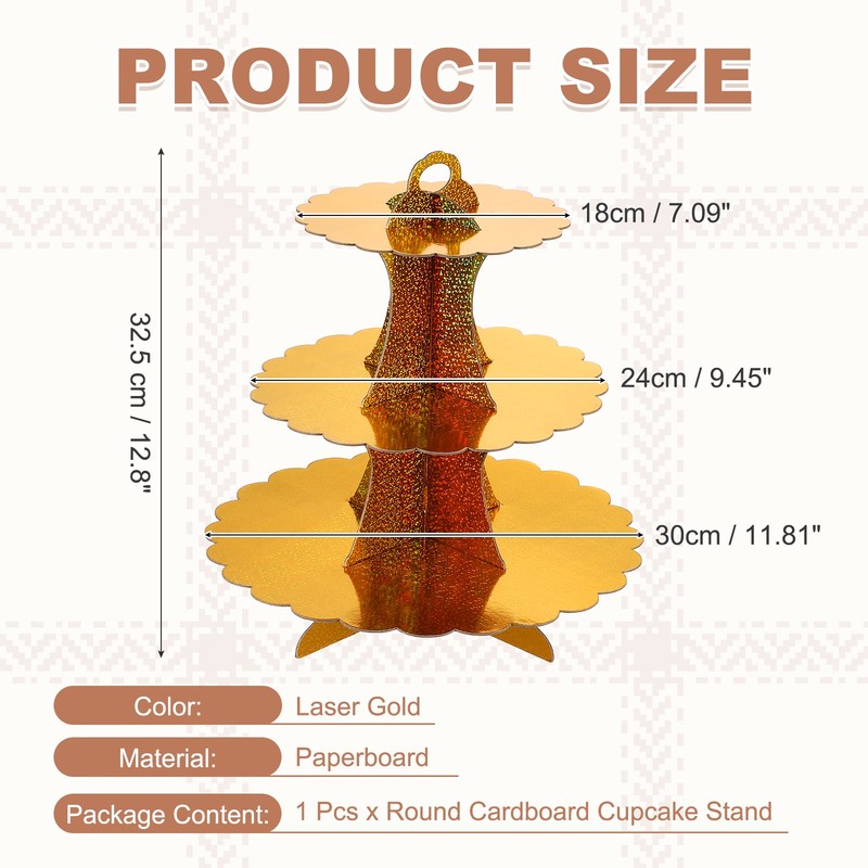 3-Tier Cupcake Stand, Cardboard Cake Stand Dessert Table Displays, Laser Gold gallery