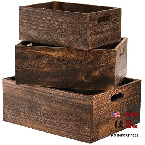 Set of 3 Wood Nesting Storage Crates with Handles – Decorative Farmhouse