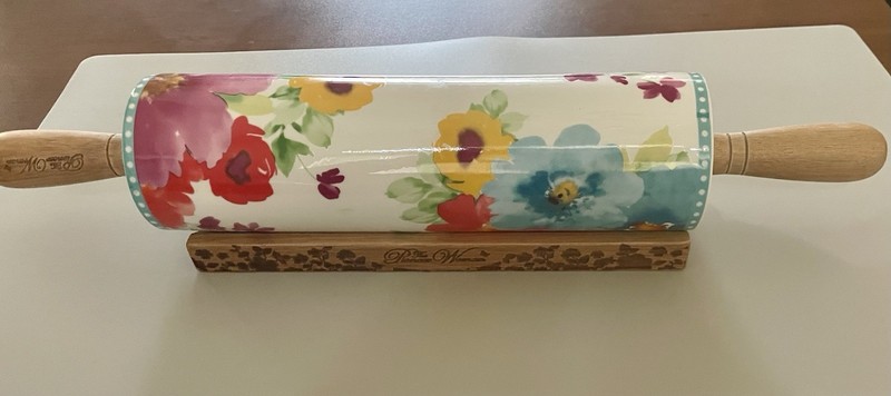 The Pioneer Woman Floral Ceramic Rolling Pin Wood Handles Stand Retired Pattern gallery