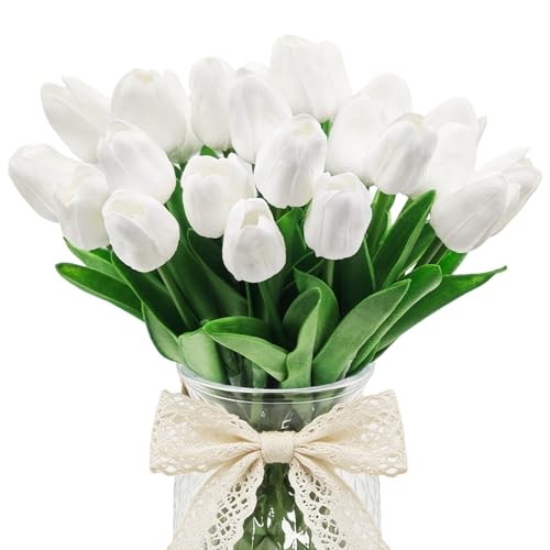 25Pcs Tulips Artificial Flowers, Faux Tulips Artificial Tulips Real Touch White