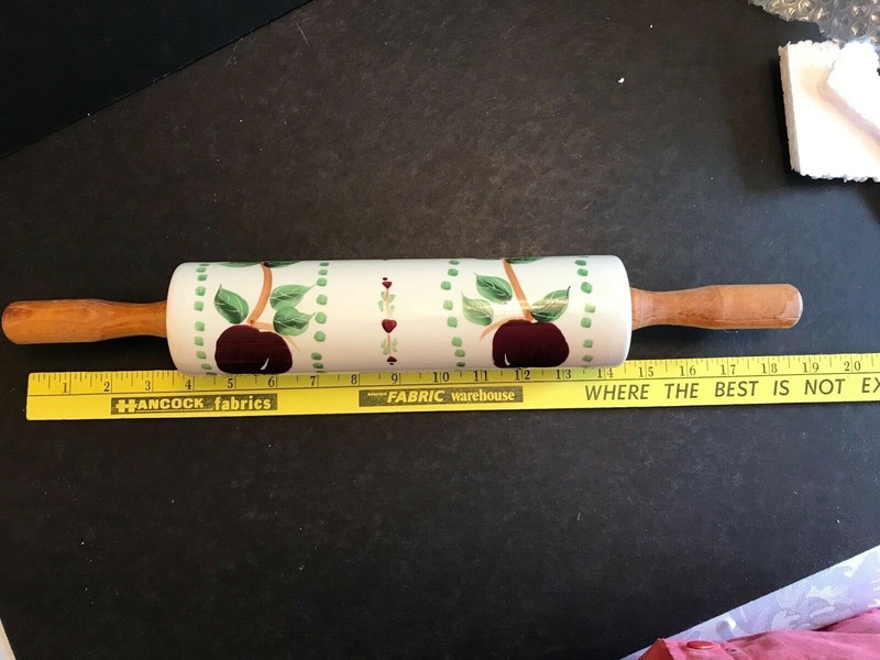 VINTAGE PORCELAIN OR STONEWARE ROLLING PIN, HANDPAINTED APPLES & LEAVES, ABC DIS gallery