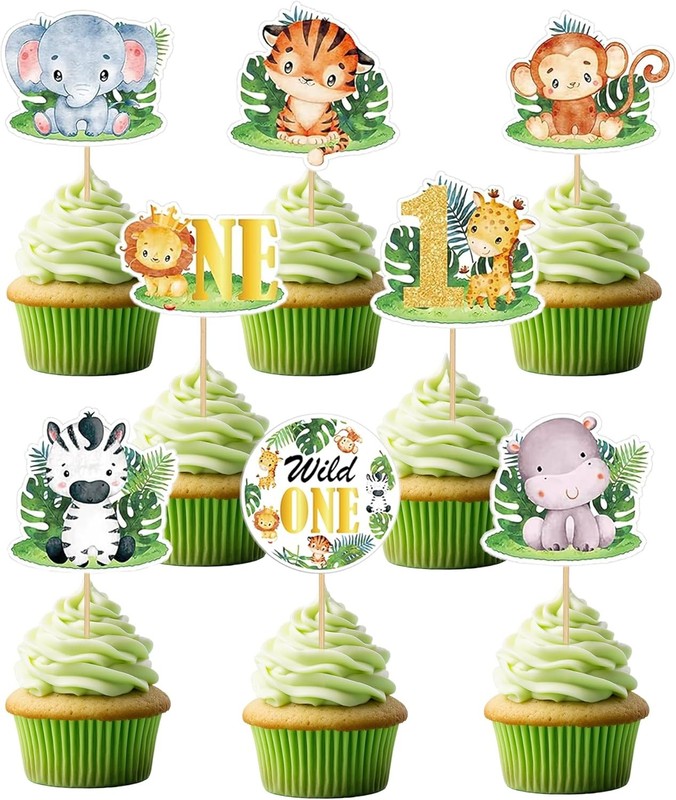 48-Piece “Wild One” Jungle Safari Cupcake Toppers – Baby 1st Birthday Cake Picks
