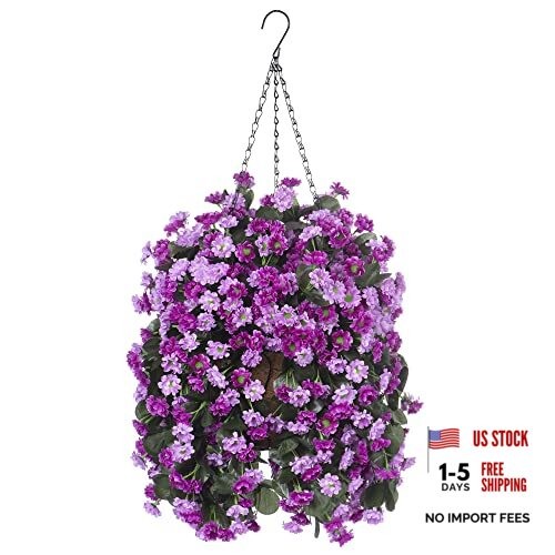 Artificial Flowers in Hanging Basket for Outdoors Spring Decor, Purple Pink