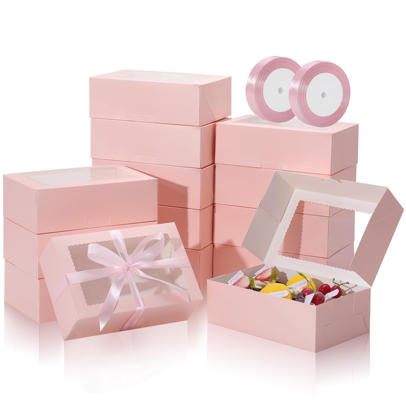 30Pcs Cookie Boxes with Ribbons, 9x6x3 Inch Bakery Boxes with Window, Pink Tr…