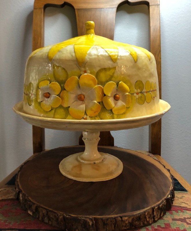 VTG YELLOW Paper Mache Cake Plate Stand and Dome Flowers Centerpiece 12″ tall