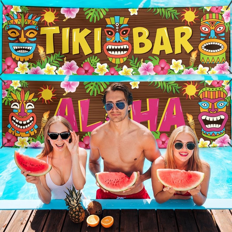 2 Pcs Luau Party Banner Hawaiian Tropical Backdrop Aloha Tiki Decor Set gallery