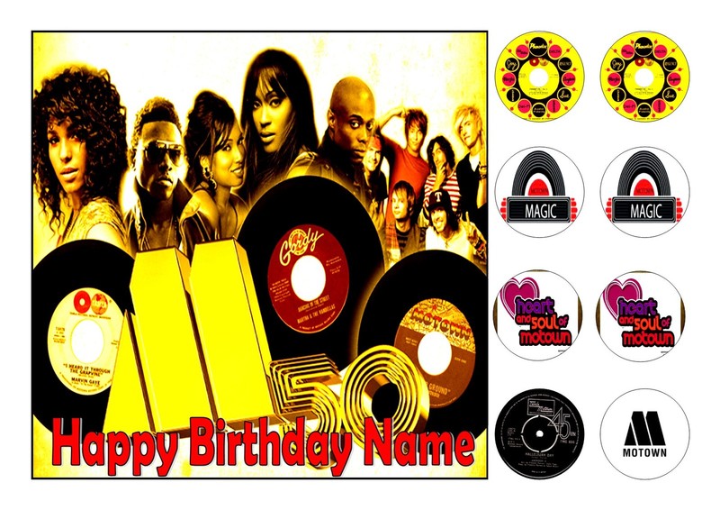 MOTOWN MUSIC CAKE TOPPER SQUARE EDIBLE ICED ICING 7.5 ins + 8 CUPCAKE TOPPERS