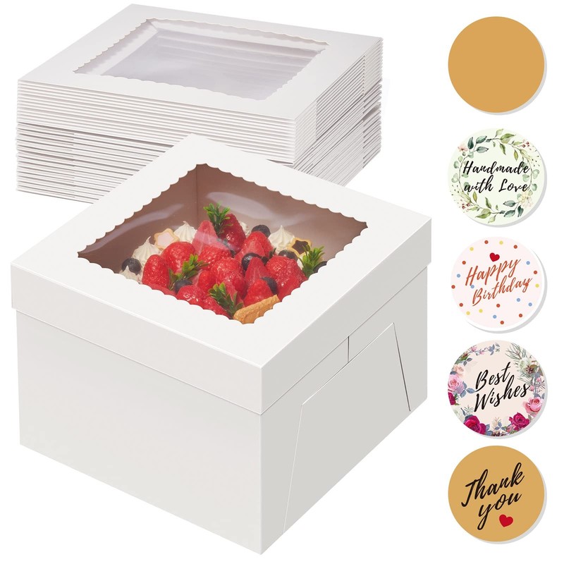 15pcs Cake Boxes, 10x10x8 Inches Tall Cake Box with Window, White Bakery Boxe…