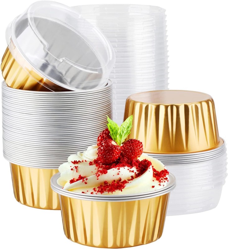 Disposable Ramekins Gold 50pcs 5oz Mini Aluminium Foil Baking Cups W/ Lids Creme