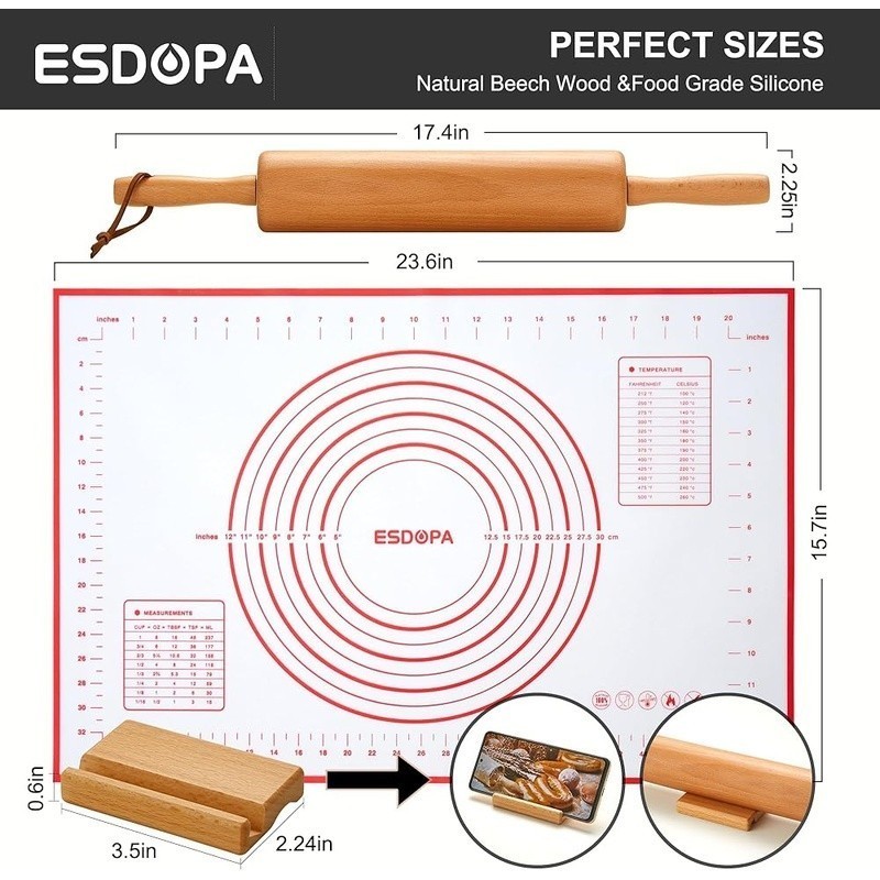 Wooden Rolling Pin W/ Handles Pastry Mat Stand Baking Dough Roller Kitchen Tool gallery
