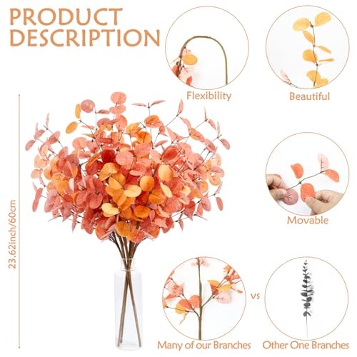 6 Pcs Fall Ecualyptus Leave Artifical Plants Decor 24" Autumn Fake Red gallery