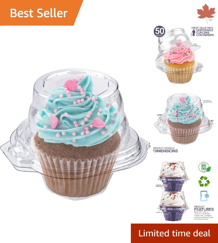 Cupcake Containers – Disposable with Airtight Dome Lid – 50 Count, BPA Free