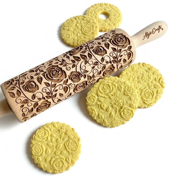 DAMASCUS ROSES Embossed Rolling Pin Wooden Embossing Dough Roller for Cookies…
