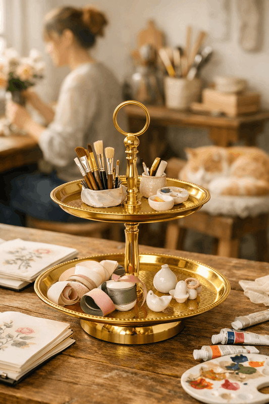 Gold 2 Tier Serving Stand | Ring Handle Beaded Cake Stand | Handcrafted Metal | gallery
