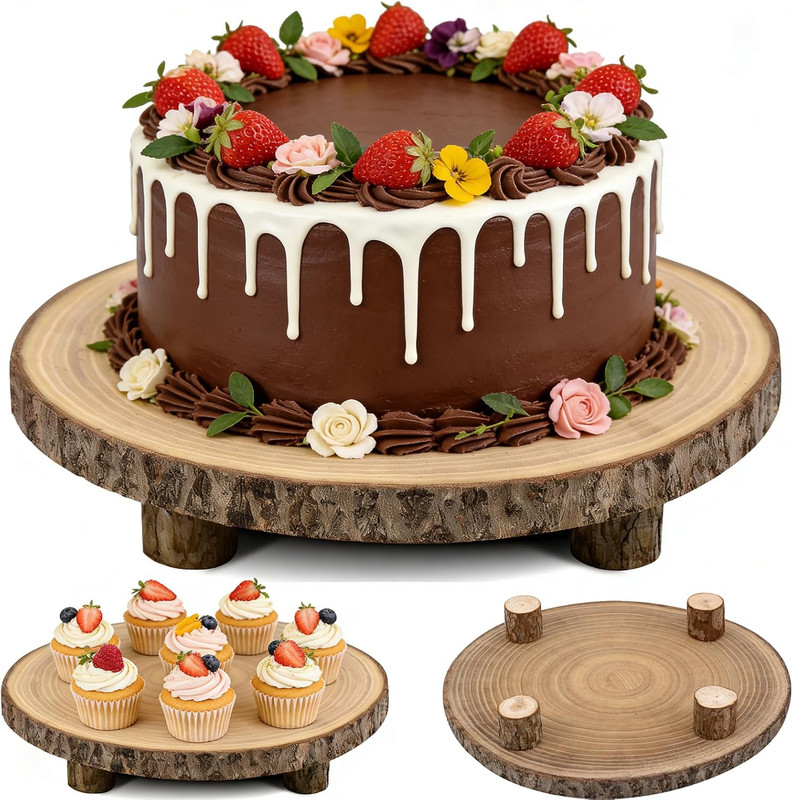 Wood Cake Stand with 4 Legs, 10-11 Inch Natural Rustic Wooden Slice Cupcake Stan