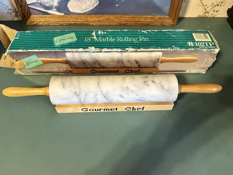 Vintage Marble Rolling Pin 18” Wood Stand Cradle New Box Kitchen Collection gallery