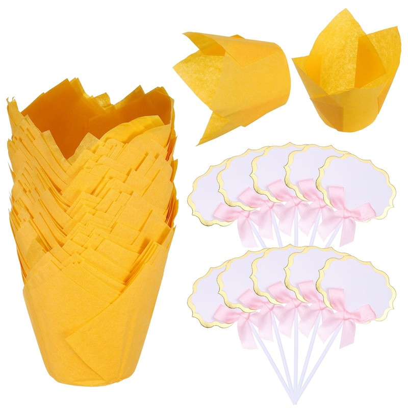 100Pcs Tulip Cupcake Liners with 10Pcs Cheese Markers Solid Liners, Yellow