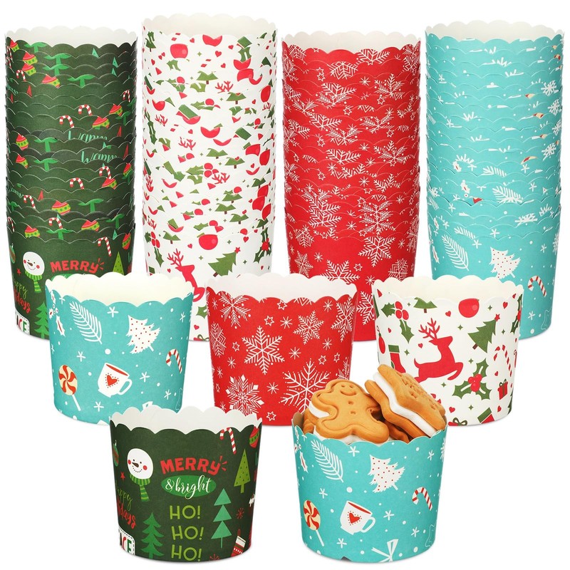 200 Pcs 6 oz Muffin Cupcakes Christmas Baking Paper Cups Greaseproof Christma…