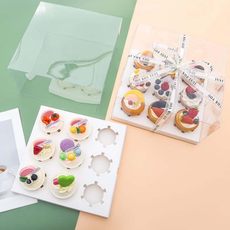 5 PCS White Clear Cupcake Boxes 9 Count Plastic Container Ribbon Cookies gallery