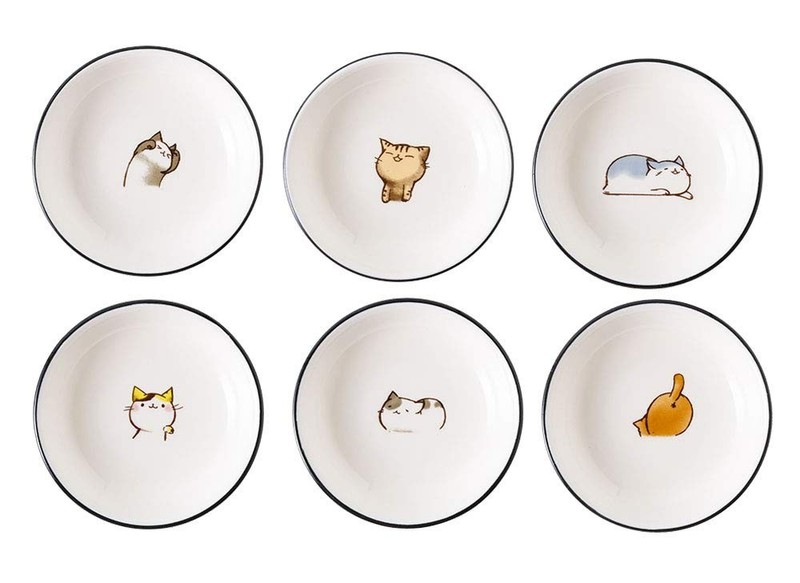 FUYU 6pcs Cute Cat Multipurpose Ceramic Sauce Dish Small, Multicolor