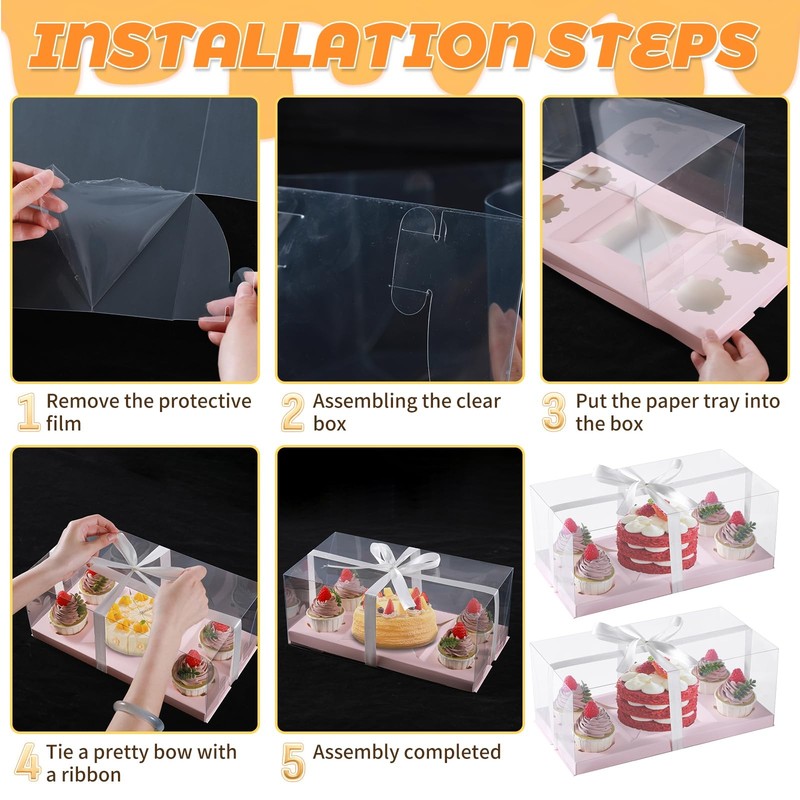 3Pcs Pink 1+4 Bento Box with Clear Window Bento Cake Boxes Combo Fit 4 Cupcak... gallery