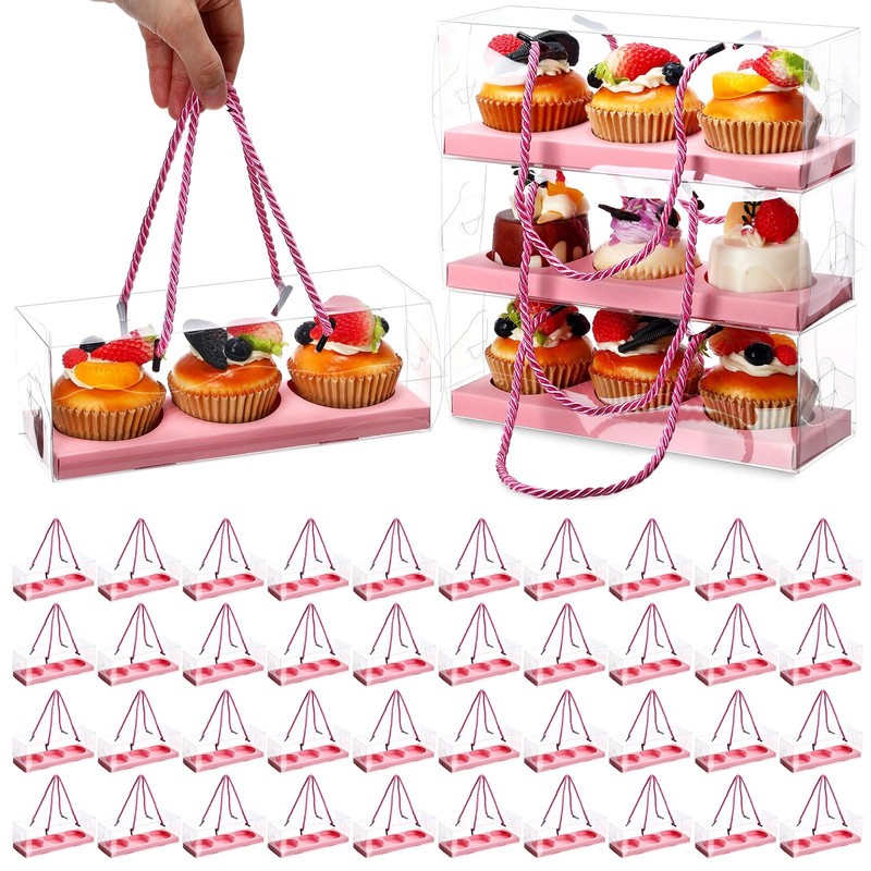 40 PCS Pink 9x3x3 Inch Clear Cupcake Boxes 3 Compartments Pastry Packaging