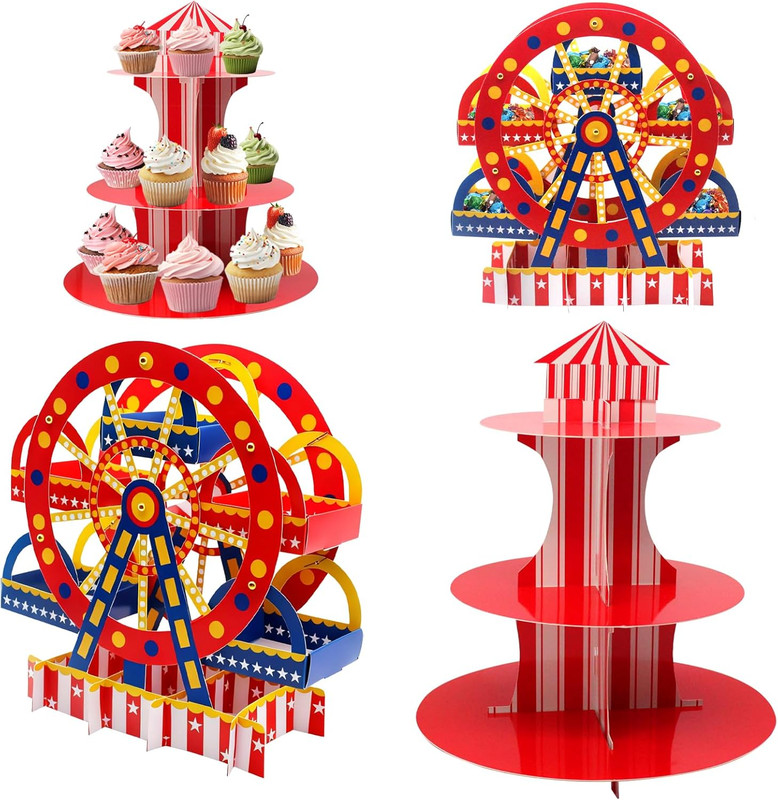 4 PCS 3 Tier Ferris Wheel Cupcake Holder and Carnival Theme Cupcake Stands for C