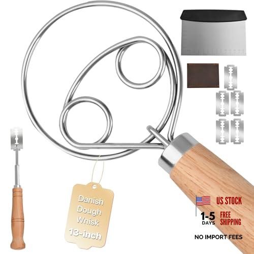 Sourdough Whisk Set: Danish Dough Whisk, Dough Scraper, Bread Scoring Lame | 3