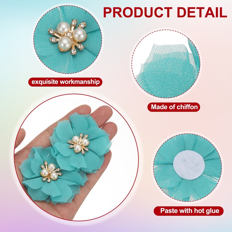 2.36 Inch Rhinestone Chiffon Flower, 10 Pcs Fabric Appliques, Light Blue gallery
