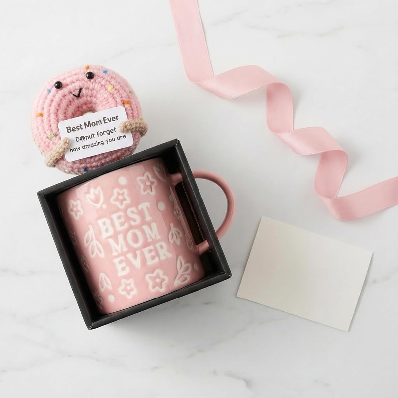 Best Mom Ever Gift Set Mothers Day Mug Pink Floral Donut Crochet Gift for Mom gallery