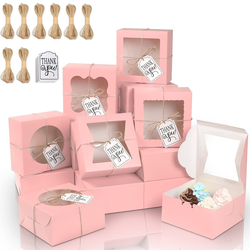 65PCS Bakery Boxes with Window 6x6x3 Inches 5 Style Cookie Boxes Pink