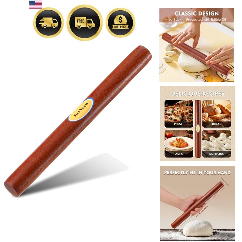 Wood Rolling Pin 15.75 Inches, Non-Stick Rolling Pin for Baking, Natural Sape…