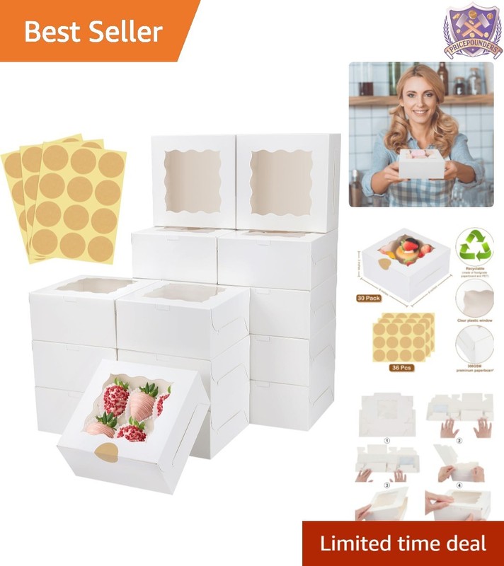 White Bakery Boxes 6x6x3 Inch with Window Recyclable Pastry Cookies