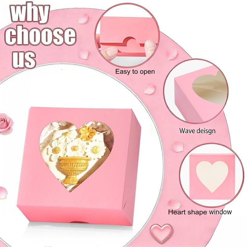 48PCS 4"x4"x2" Heart-Shaped Window Bakery Boxes in White, Pink, Red - Perfect... gallery