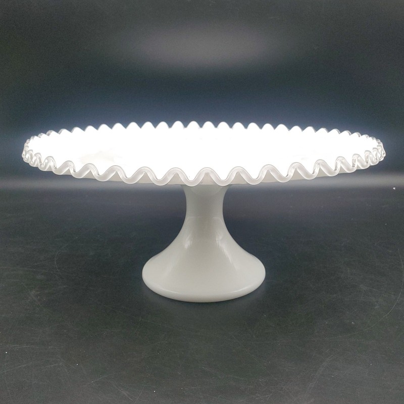 Vintage Fenton Silver Crest Milk Glass Pedestal Cake Stand 12.5" Ruffled Edge gallery