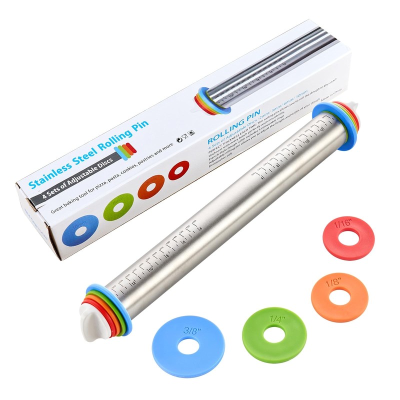 Adjustable Rolling Pin With Thickness Rings Stainless Steel Dough Baking 1 PC