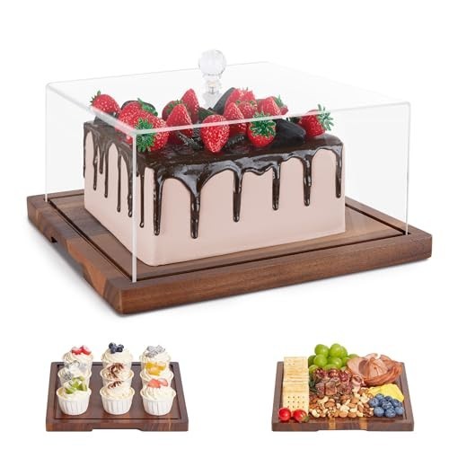 2-in-1 Acacia Wood Cake Stand & Dome - Square Dessert Display, Charcuterie Board gallery