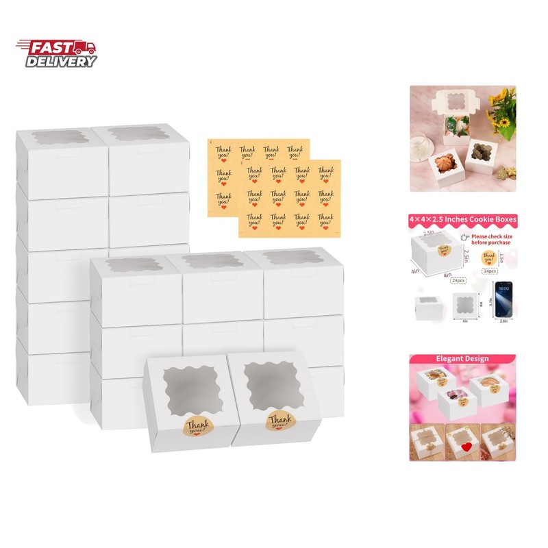 24pcs White Cookie Boxes, 4x4x2.5 Inches Bakery Boxes with Window, for Mini C…