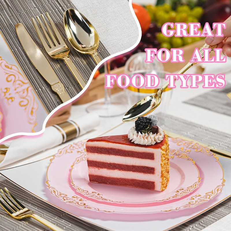 350pcs Gold Retro Dinnerware Sets Disposable, 50 Guests Heavy Duty Plastic Cu... gallery
