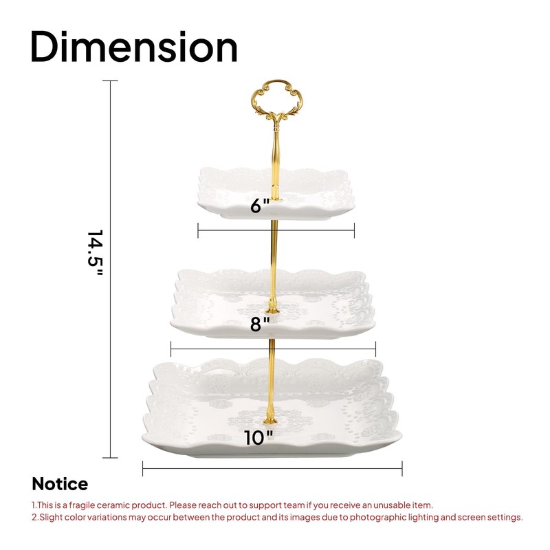 3 Tier Porcelain Cupcake Stand, Tiered Serving Cake Stand, Square White Embos... gallery