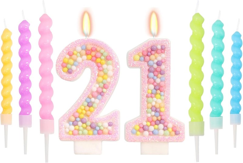 Number 21 Birthday Candle with 6 Pcs Spiral Candles, Colorful Macaron Candles